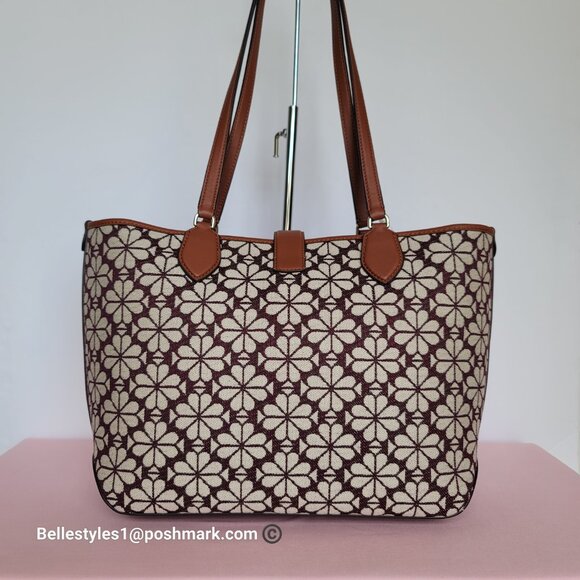 KATE SPADE Spade-Flower Jacquard and Leather Medium Open Tote- Burgundy Multi⭐ - Picture 7 of 16
